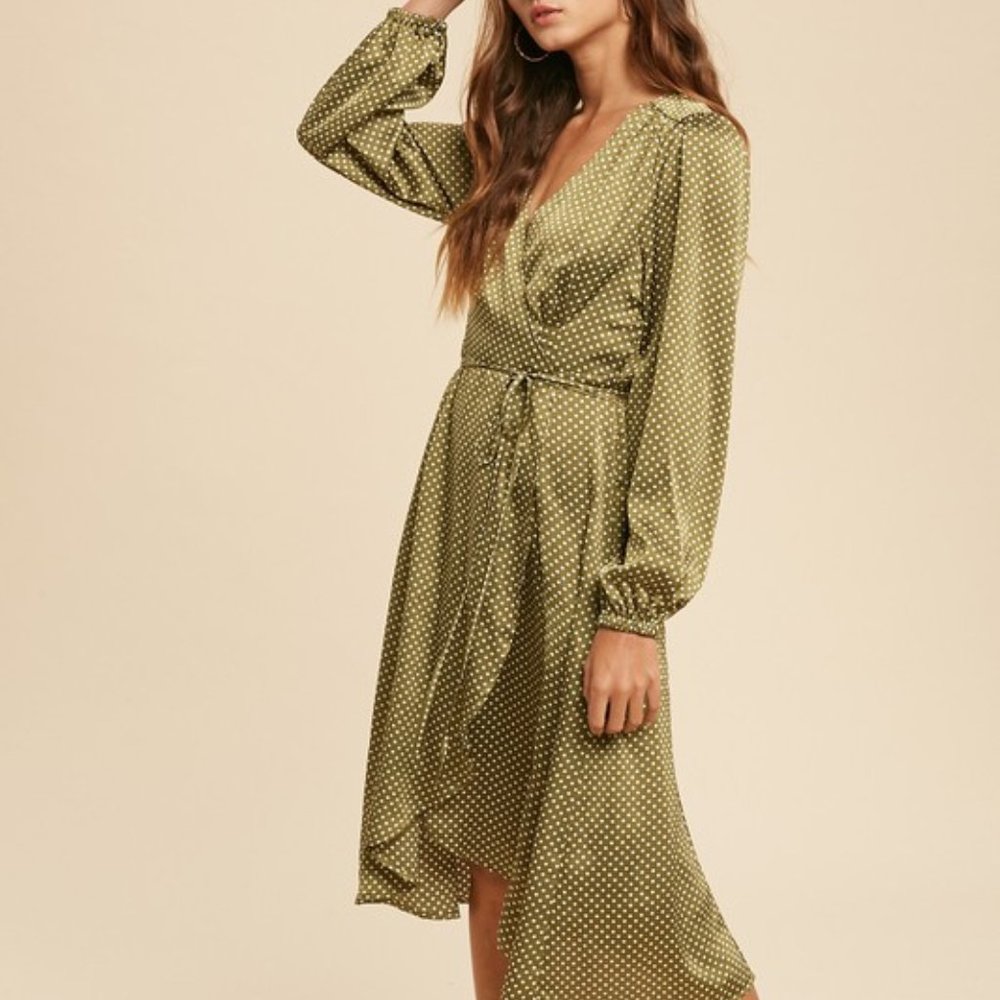 NWT Olive Satin Polka Dot Wrap Dress - Picture 5 of 5